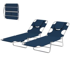 2 Tanning Chairs with Face Hole, 5-Level Adjustable Outdoor Chaise Lounge Chair with Pillow for Beach, Pool, Dark Blue